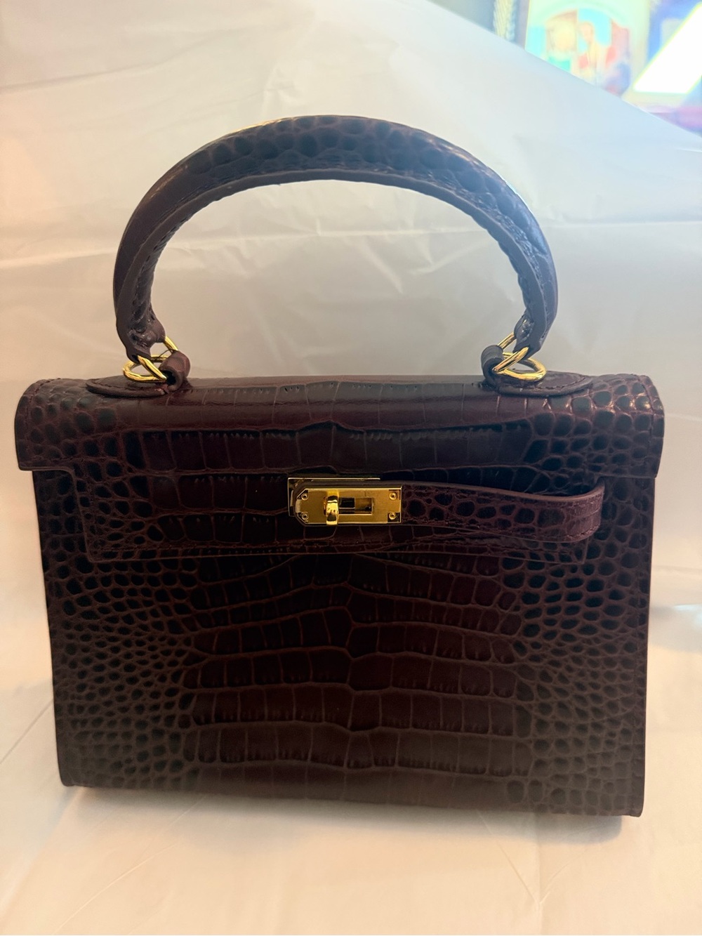 Vintage Structured Croc-Embossed Top-Handle Bag in Deep Burgundy